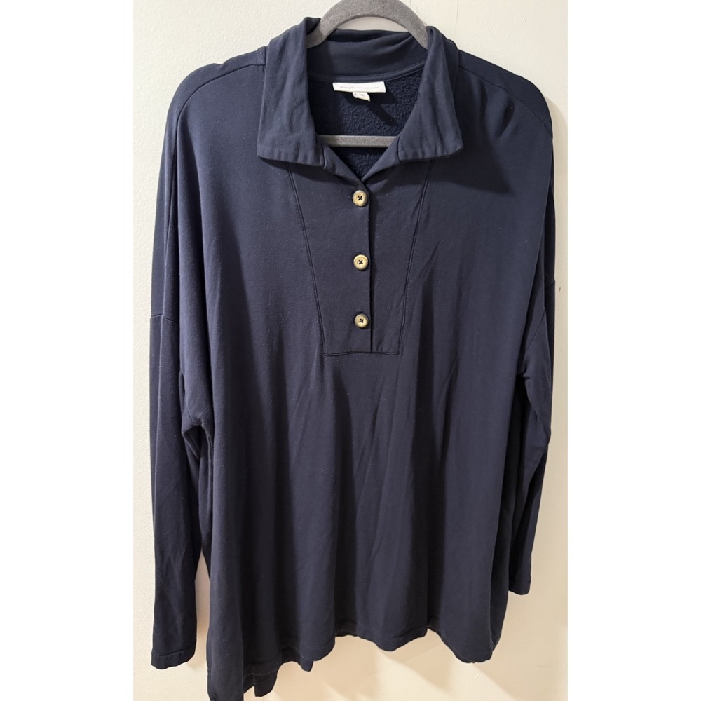 J.Jill Top Pure‎ Jill Tranquility Fleece Long Sleeve Button Navy Blue Sz-XL Tall